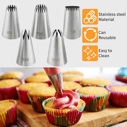 5 PCS Large Piping Tips Set, Cake Decorating Tips, Stainless Steel Frosting Icing Tip Baking Tools for Cupcakes, Cookie, Cake Decorating (Dishwasher Safe) ﻿
