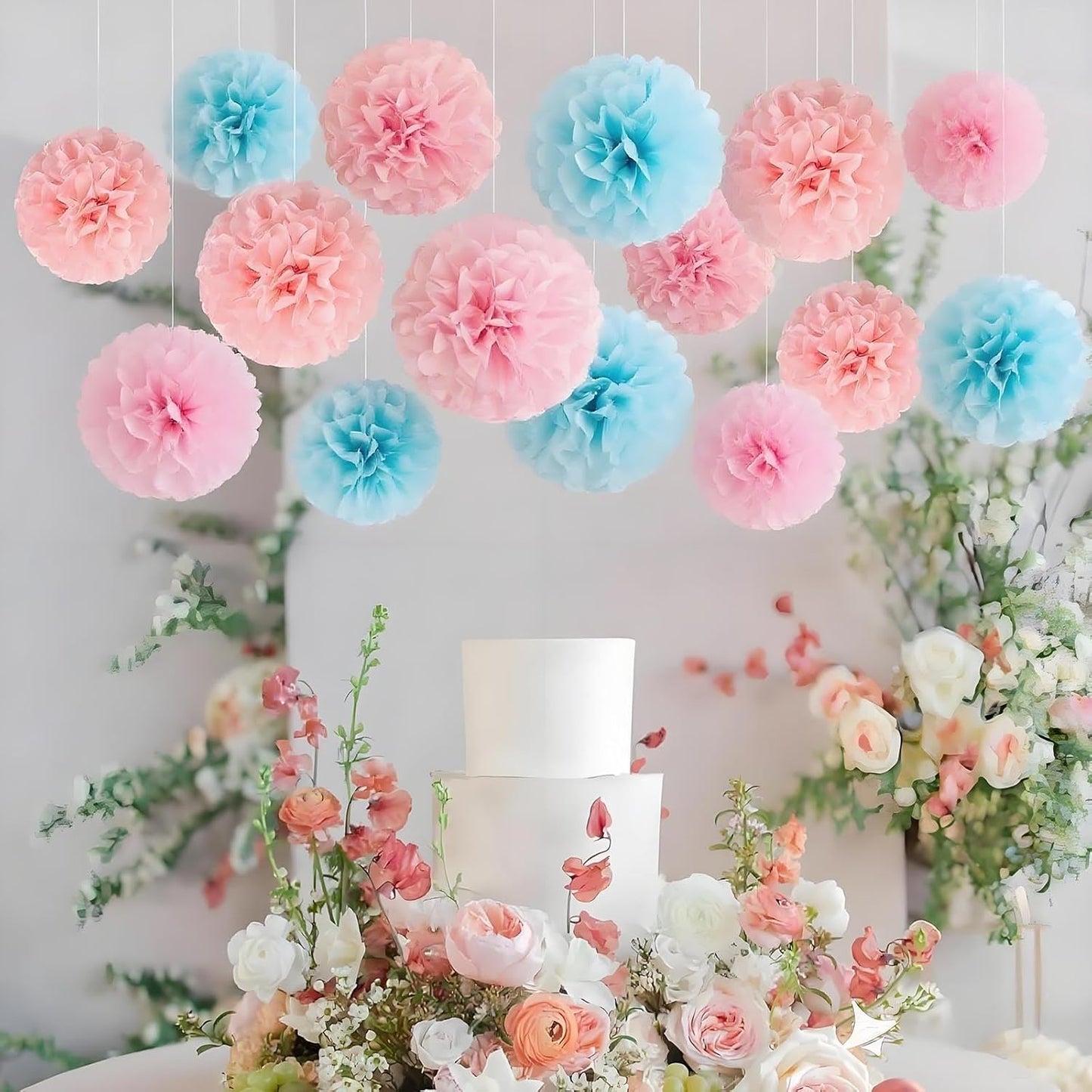 XIKSXITN 12 pc Rose Gold Gradient Tissue Paper Pom poms-Hanging Gold Dot White Paper Pom Poms Paper Flowers Ball for Party Decorative(8&10&12 inch)
