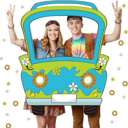 Capoda Hippie Photo Booth Props Selfie Frame with Sticks - 39 x 28 in Corrugated Cardboard Funny Hippie Bus Birthday Party Decorations Daisy Car Blue Green Prop Backdrop Cartoon Birthday Supplies