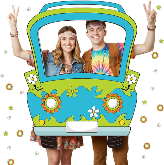 Capoda Hippie Photo Booth Props Selfie Frame with Sticks - 39 x 28 in Corrugated Cardboard Funny Hippie Bus Birthday Party Decorations Daisy Car Blue Green Prop Backdrop Cartoon Birthday Supplies