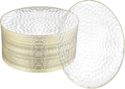 R-kay 100 Pack Clear Plastic Plates - 6.25 IN Hammered Gold Rimmed Sturdy, Durable And Extra Heavy duty Gold Plastic Dessert Plates Disposable - Ideal For Appetizer And And For Desserts.