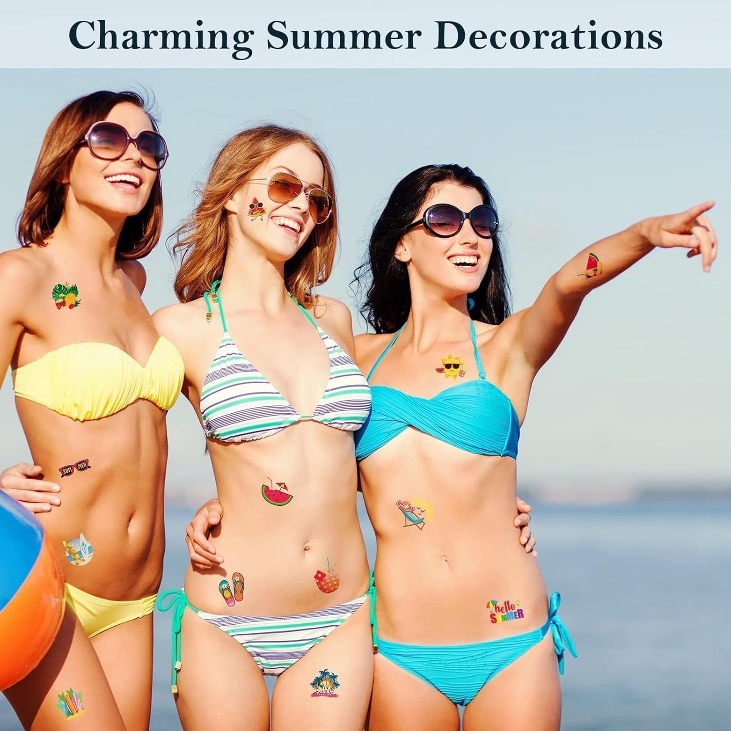 ADXCO 144 Pieces Summer Pool Party Tattoos Hawaiian Luau Themed Tattoos Waterproof Beach Temporary Tattoos Stickers for Adults, Tropical Party Decorations Supplies Favors