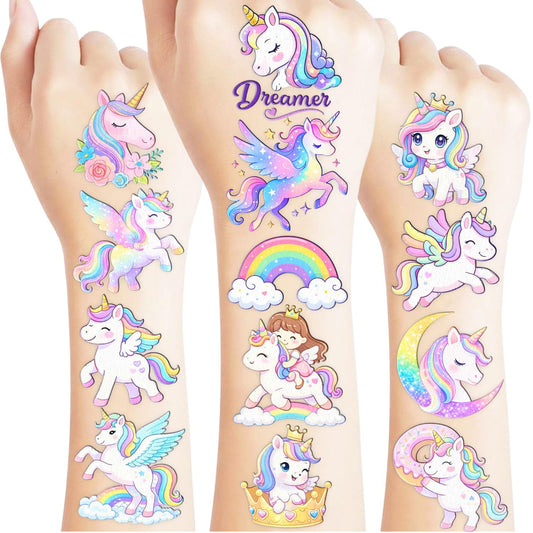 Cute Rainbow Unicorn Temporary Tattoos Pre-Cut for Girls Women| 96PCS Pastel Rainbow Animal Tattoos Stickers for Cute Unicorn Birthday Party Favors Supplies Decorations | Fun Gifts, Classroom Rewards