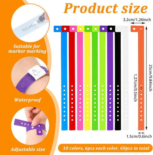 60 Pcs Vinyl Wristband in 10 Colors, Plastic Wristbands for Events, Neon Plastic Event Wristbands, Colored Bracelet Wristband for Events, Concerts, Carnivals, Nightclubs, Bars, Park