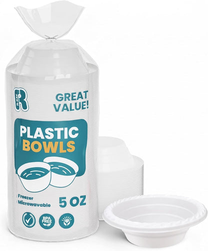 R-kay Plastic Bowls - 100 Count Microwavable Disposable Bowls - Strong Heavy Duty And Sturdy White Plastic Bowls Disposable (12 OZ, 100)