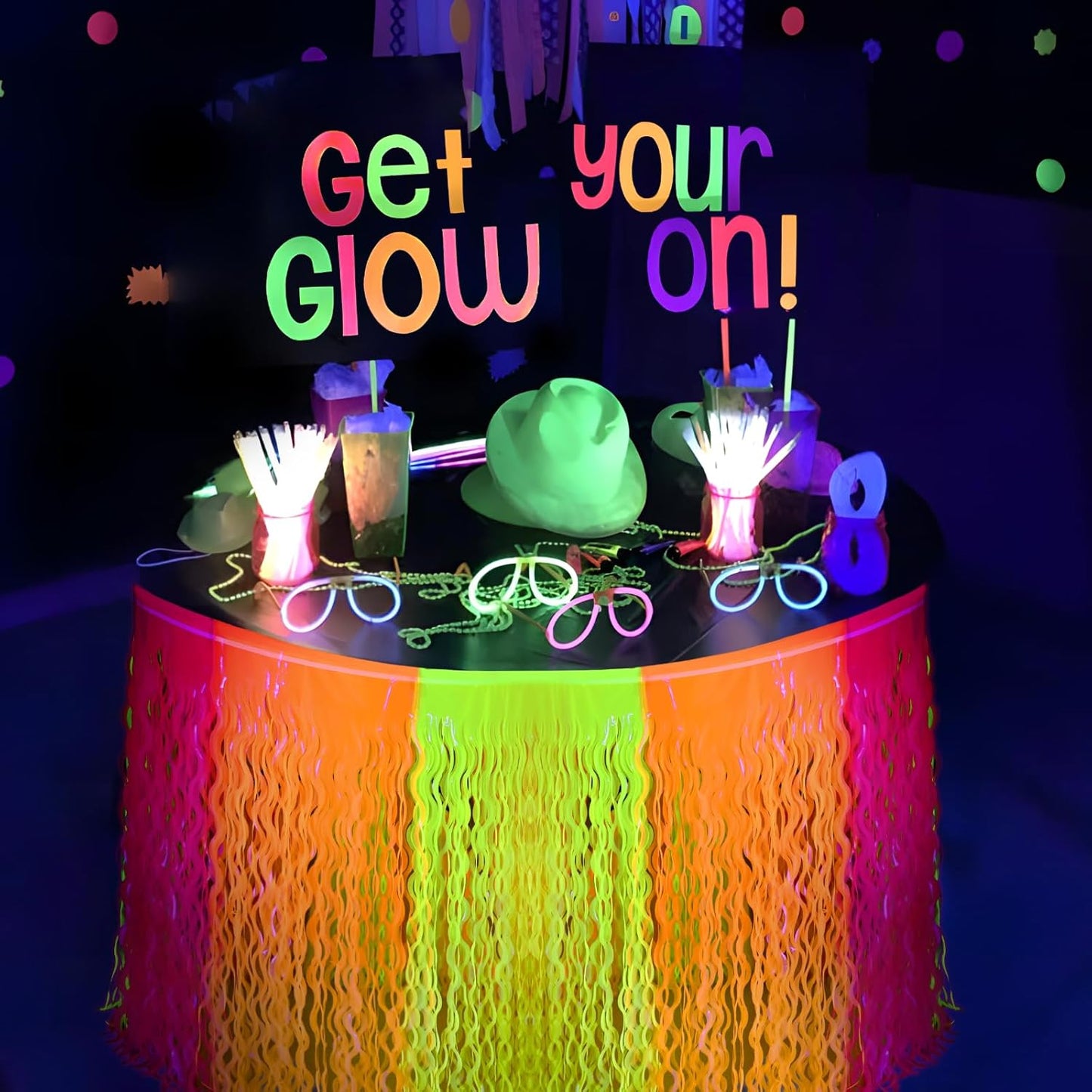 Mega-L Glow in The Dark Party Supplies, 2 Pack Neon Party Decorations Fluorescent Macaron Orange, Yellow and Fuchsia Wavy Metallic Tinsel Foil Fringe Table Skirts, Perfect Glow Birthday Party Decor