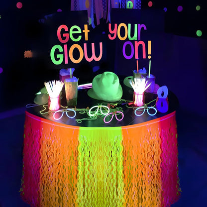 Mega-L Glow in The Dark Party Supplies, 2 Pack Neon Party Decorations Fluorescent Macaron Orange, Yellow and Fuchsia Wavy Metallic Tinsel Foil Fringe Table Skirts, Perfect Glow Birthday Party Decor