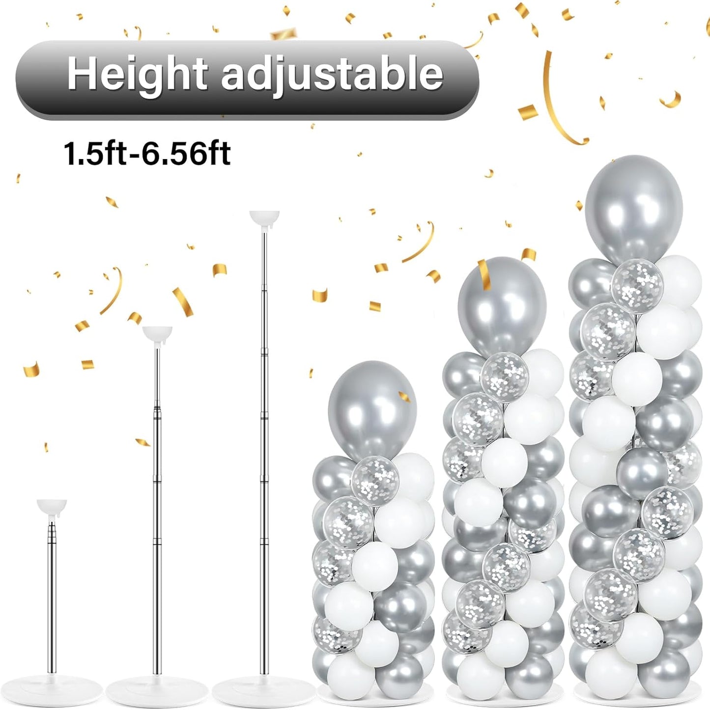 2 Set Black and Gold Balloons Column Stand Kit with 100 Balloons Adjustable Balloon Stand with Bases for Floor Black Gold Confetti Balloon Column Kit for Bridal Shower Valentine Birthday Party Decor