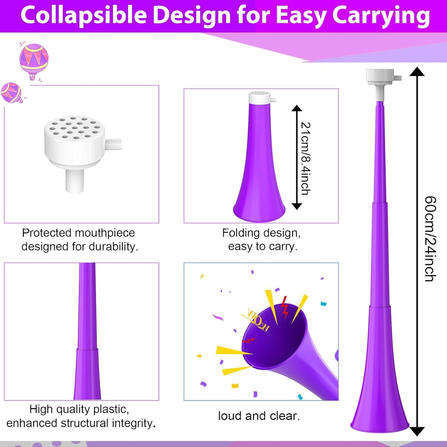 Collapsible Stadium Horn 24 Inch Vuvuzela Plastic Trumpet Blow Horns Noise makers for Sporting Events School Sports Football Games Party Supplies Favors Accessories (Black)
