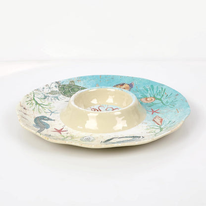UPware Sea Life Melamine Chip and Dip Serving Tray, Round Serving Platter for Chips, Salsa, Fruit, and Snacks, Multicolor, 13.5 Inch