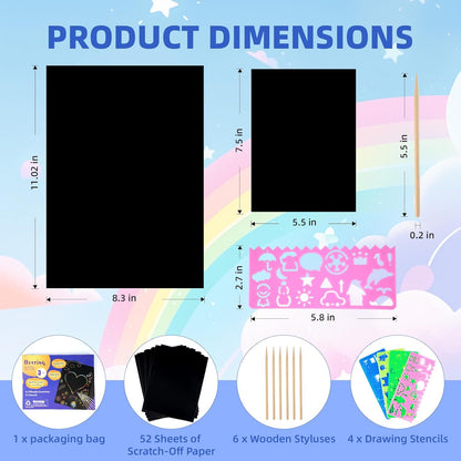 Scratch Paper Art Crafts 7.5” x 5.5” 52 Pieces Rainbow Color Scratch Off Paper Book Ideal for Birthday Christmas Party Gift Help Focus Practice Hands (SP139)