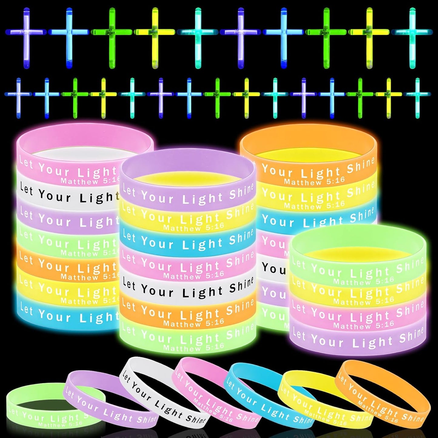 100 Pcs Glow in The Dark Christian Party Favors Silicone Bracelets Cross Necklace Bulk Bible Wristbands Luminous Pendant for Religious Gift