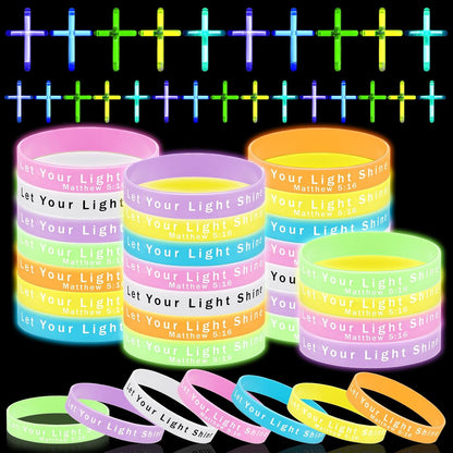 100 Pcs Glow in The Dark Christian Party Favors Silicone Bracelets Cross Necklace Bulk Bible Wristbands Luminous Pendant for Religious Gift