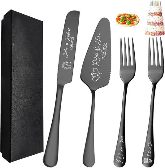 Personalized Cake Cutter Custom Wedding Cake Knife and Server Set Stainless Steel Cake Cutting Set Customize Gifts for Wedding Birthday (Black)