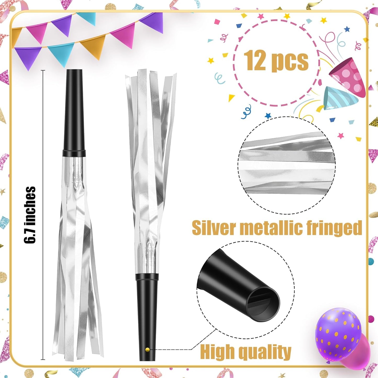 12 Pcs Glitter Noise Makers Metallic Fringed Party Blower for Adults Birthday Graduation New Years Party Favors Supplies (Colorful)