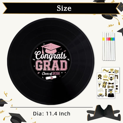 2026 Graduation Party Vinyl Record Alternative Guest Book, Black and Rosegold Class of 2026 Congrats Grad Graduation Decorations Signature Guest Book
