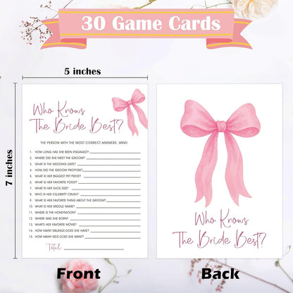 Pink Bow Bridal Shower Bingo Game with Blank Squares, Pack of 30 Game Cards, Bridal Shower Decorations, Wedding Engagement Decor, Bachelorette Party Supplies - KR05