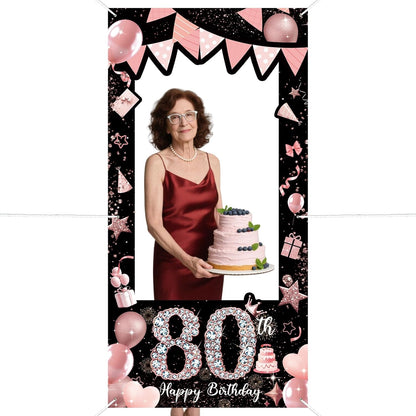 Pink 80th Birthday Neon Photography Banner Backdrop Glow Party Disco Dance Neon Theme Birthday Banner Photo Frame Props Props Selfie Background Face Cutout Photo Props Decoration