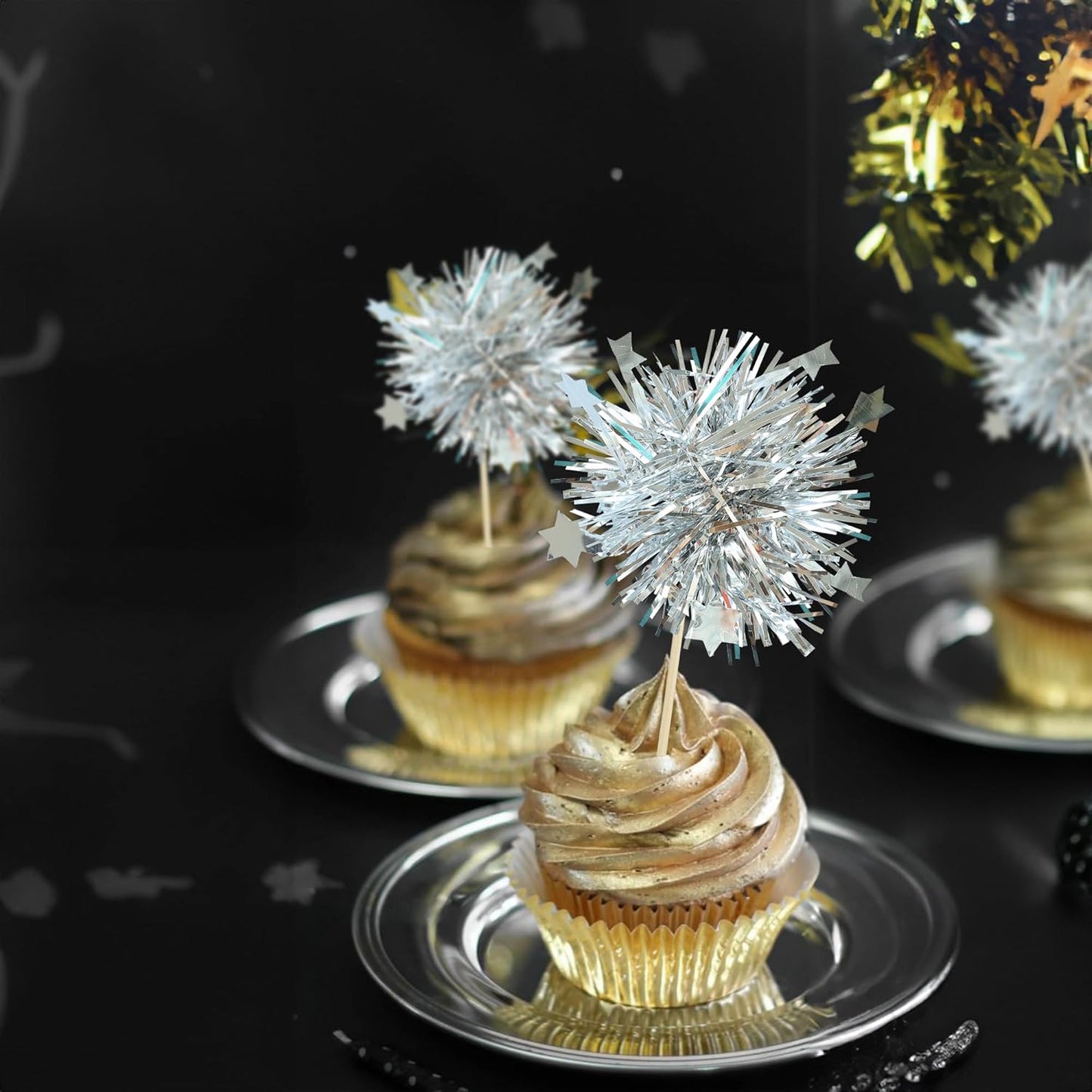 Ephlyn 30Pcs Foil Firework Cupcake Toppers Sparkle Tinsel Cupcake Picks Drink Stirrers Cocktail Food Fruit Toothpicks for Baby Shower Graduation Party Supplies White