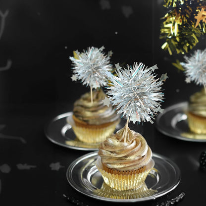 Ephlyn 30Pcs Foil Firework Cupcake Toppers Sparkle Tinsel Cupcake Picks Drink Stirrers Cocktail Food Fruit Toothpicks for Baby Shower Graduation Party Supplies White
