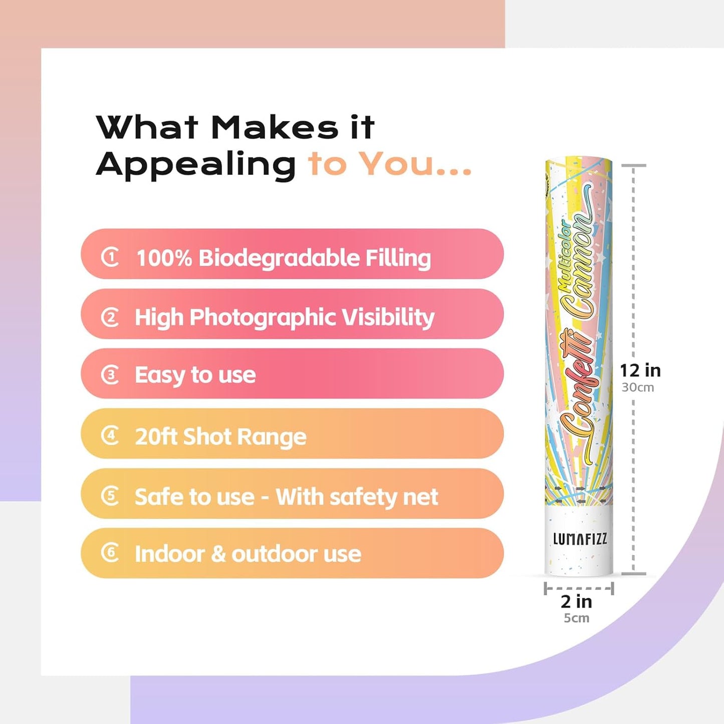 12 Inch Confetti Biodegradable [6 Pack] Confetti Cannons | Multicolor Confetti Poppers for Wedding,Birthday PartyChristmas Eve and New Year Give a Gift