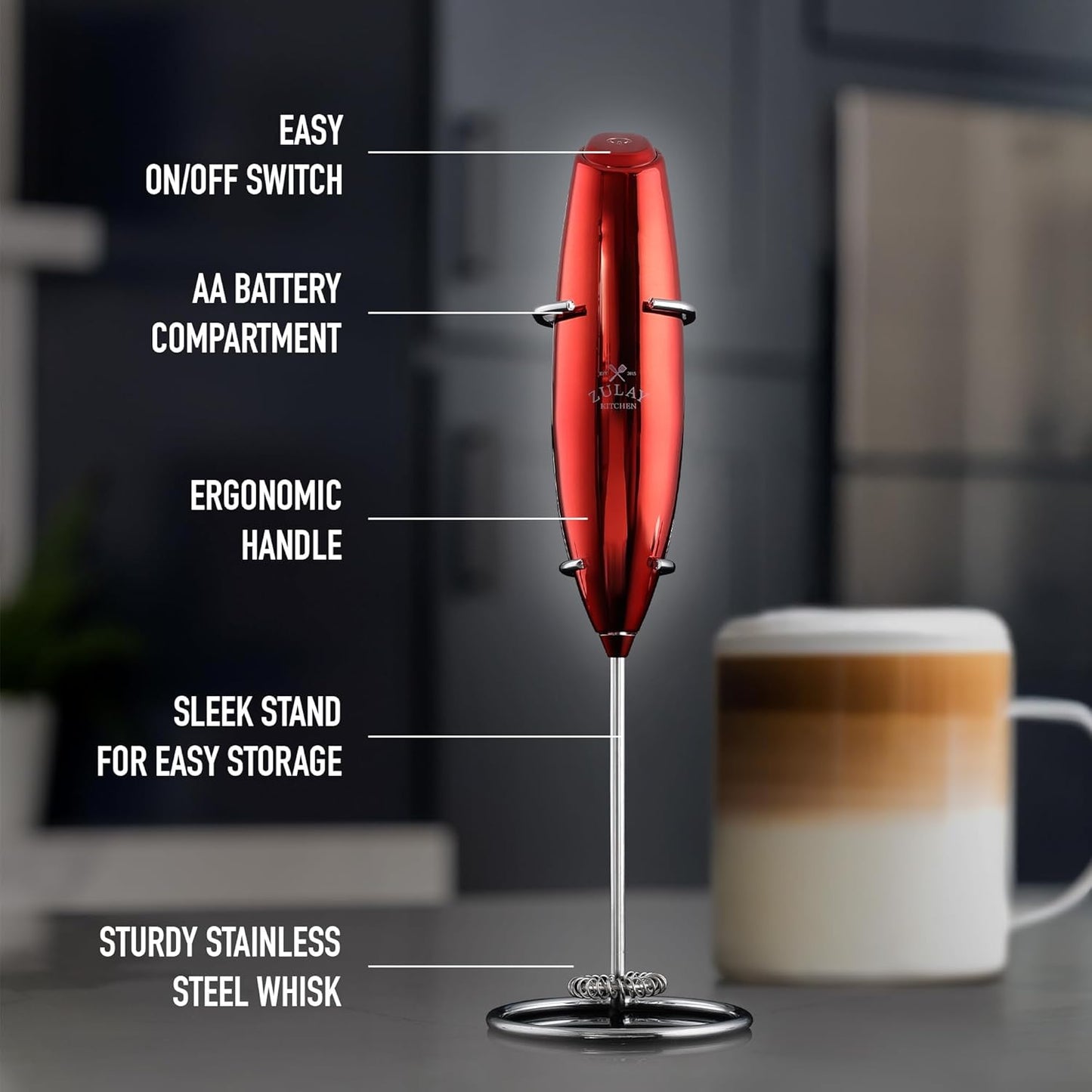 Zulay Kitchen Powerful Milk Frother AA Batteries Included – Ultra Fast Handheld Drink Mixer with Stainless Steel Whisk Stirrer for Coffee, Protein, Matcha & More, Frother Wand Electric Frothmate Black - Colors E