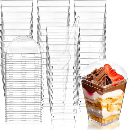 50Pack 5oz Plastic Dessert Cups with Lids and Spoons, Square Clear Parfait Appetizer Cups, Mini Reusable Shooter Serving Cups, Party Dessert Shot Glasses for Tasting