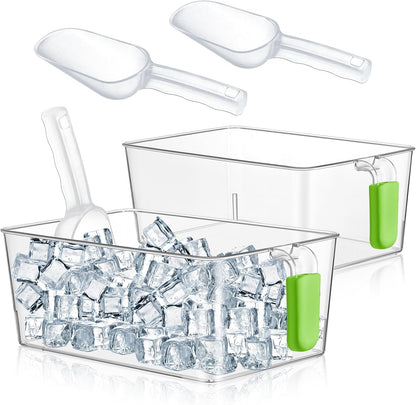 Havawish Ice Storage Bin and Flexible Scoop Set Plastic Freezer Bin with Pull Out Handle Storage Bucket Clear for Container with Scoop(Grey,10.83 x 4.92 x 4.33 in,Classic)