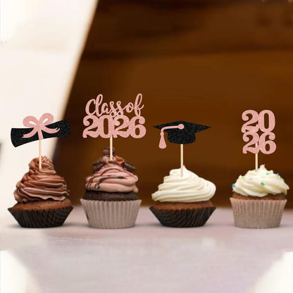 36 PCS 2026 Graduation Theme Cupcake Toppers Glitter Class of 2026 Grad Cap Diploma Cupcake Picks 2026 Graduation Theme Party Cake Decorations Supplies Deep Blue