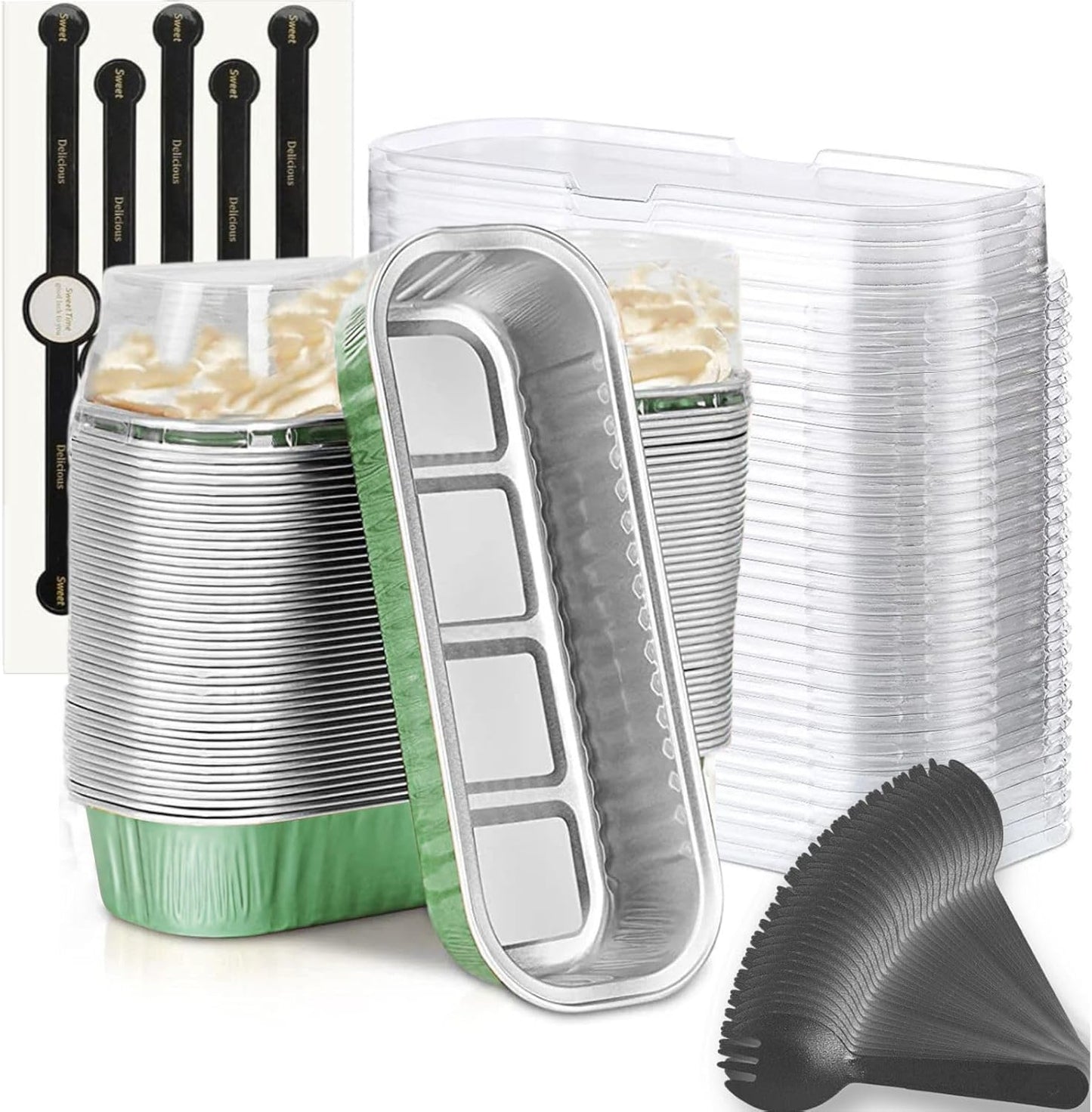 Findful Mini Loaf Baking Pans with Lids and Spoons (50 Pack, 6.8oz) Rectangle Aluminum Foil Baking Pans Tins Containers - Cupcake Containers Wrappers Cheesecake Creme Brulee Ramekins
