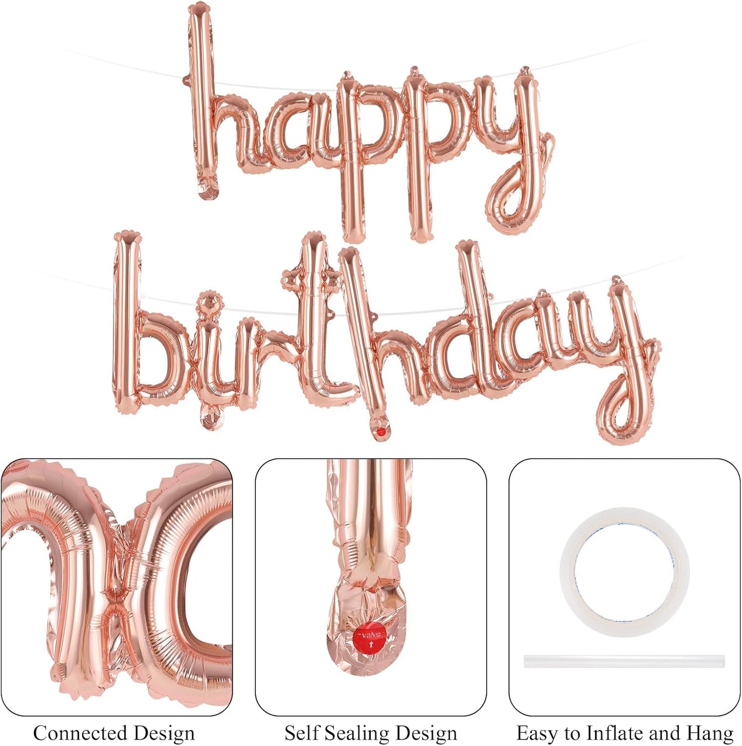 Happy Birthday Balloons Banner Foil Letters Balloons Connected, Personalized Birthday Signs for Women Men Boys Girls Birthday Party Decorations, Small Gold