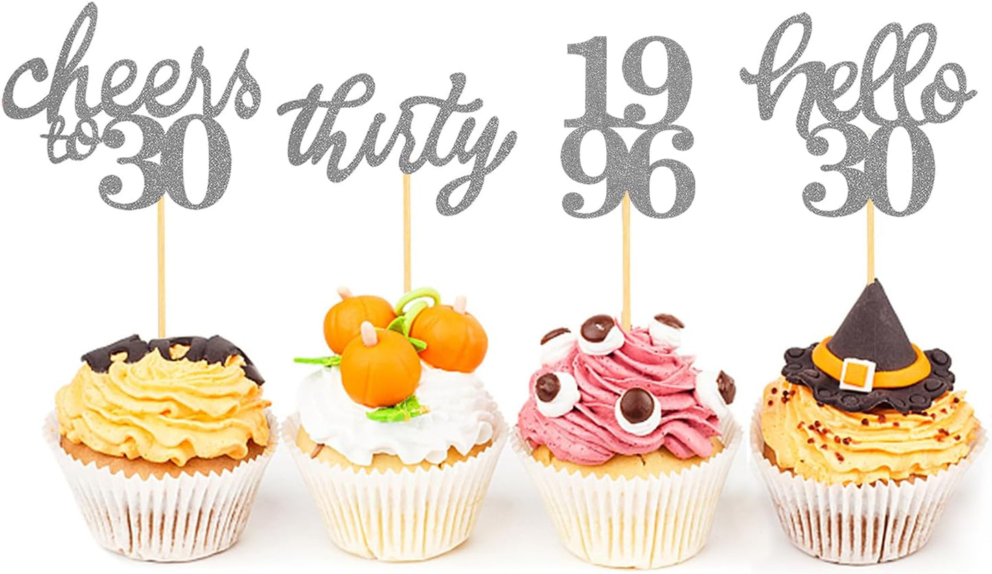 24 PCS Glitter 30th Birthday Cupcake Toppers for Celebrating Thirty Years Old Birthday Party Decorations for 30th Anniversary Party Supplies (Gold)