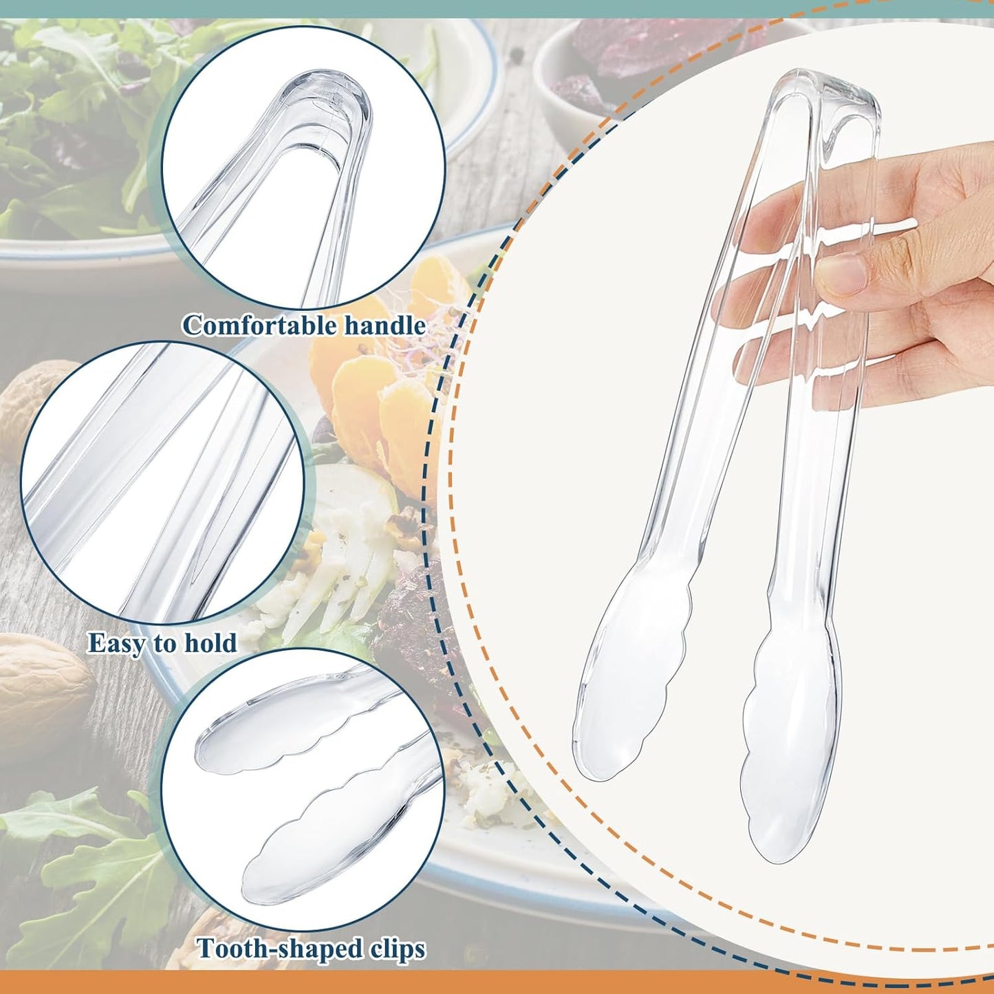 Tessco for you 25 Pcs Plastic Tongs for Serving Bulk, 9 Inch Plastic Disposable Serving Tongs, Heavy Duty Salad Tong for Kitchen, Buffet, BBQ, Events & Catering (White)