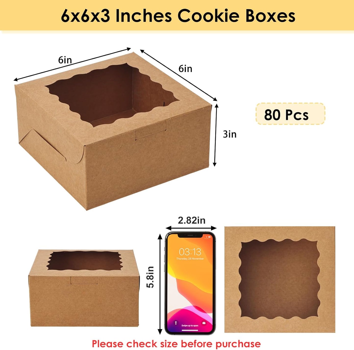 Moretoes 15pcs Cookie Boxes with Window, 6x6x3in Brown Bakery Boxes for Treats, Small Cake, Desserts, Donuts, Pastry