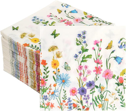 100Pcs Disposable Floral Paper Napkins Decorative Bathroom Napkins Guest Disposable Wild Flower Hand Towels Dinner Party Napkins for Wedding Birthday Party Baby Shower
