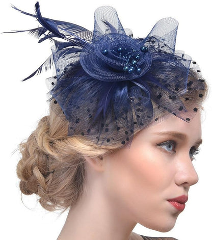 DRESHOW Fascinators Hat Flower Mesh Ribbons Feathers on a Headband and a Clip Tea Party Headwear for Girls and Women - Colors B