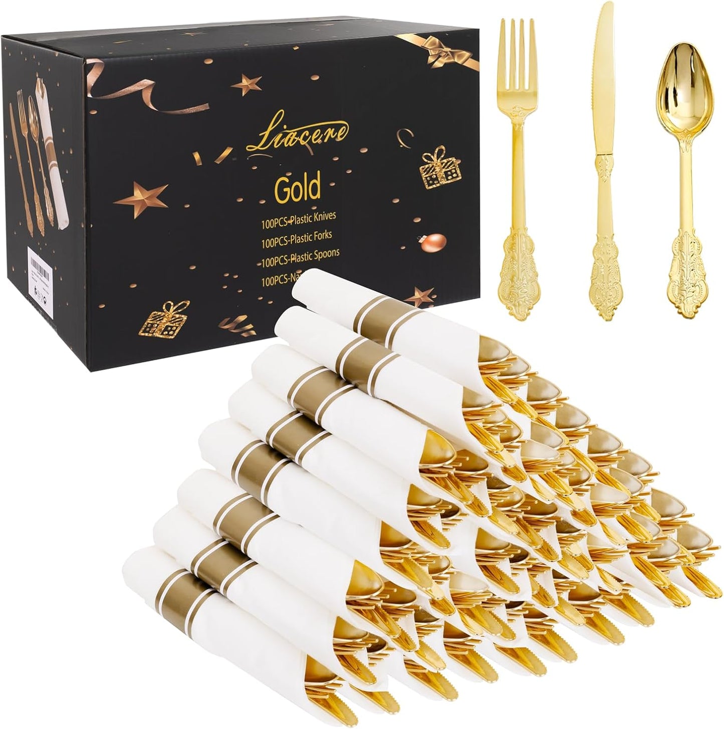 Liacere 100 Pack Silver Plastic Silverware-Pre Wrapped cutlery and Napkin-Pre Rolled Silverware Disposable 100 Forks, 100 Knives 100 Spoons, 100 Napkins Plastic Utensils＆Wedding