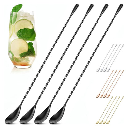 4 Pcs Bar Spoon Cocktail Mixing – Stirs Deep Glasses All the Way to the Bottom, Even Mixing & Easy Drink Layering – 12'' Long Balanced Stainless Steel Cocktail Stirrers for Drinks with Twisted Handle