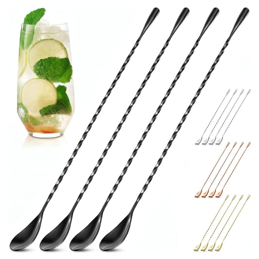 4 Pcs Bar Spoon Cocktail Mixing – Stirs Deep Glasses All the Way to the Bottom, Even Mixing & Easy Drink Layering – 12'' Long Balanced Stainless Steel Cocktail Stirrers for Drinks with Twisted Handle