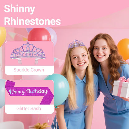 Birthday Tiara and Crown with Sash, Birthday Tiara for Women Party Silver