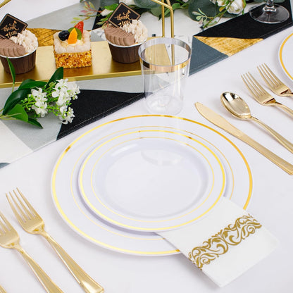 350 Pieces Black and Gold Plastic Plates with Disposable Silverware, Include 50 Dinner Plates 9”, 50 Dessert Plates 6.3”, 50 Black Cups 9 OZ, 50 Pre Rolled Napkins for Wedding Party Graduation