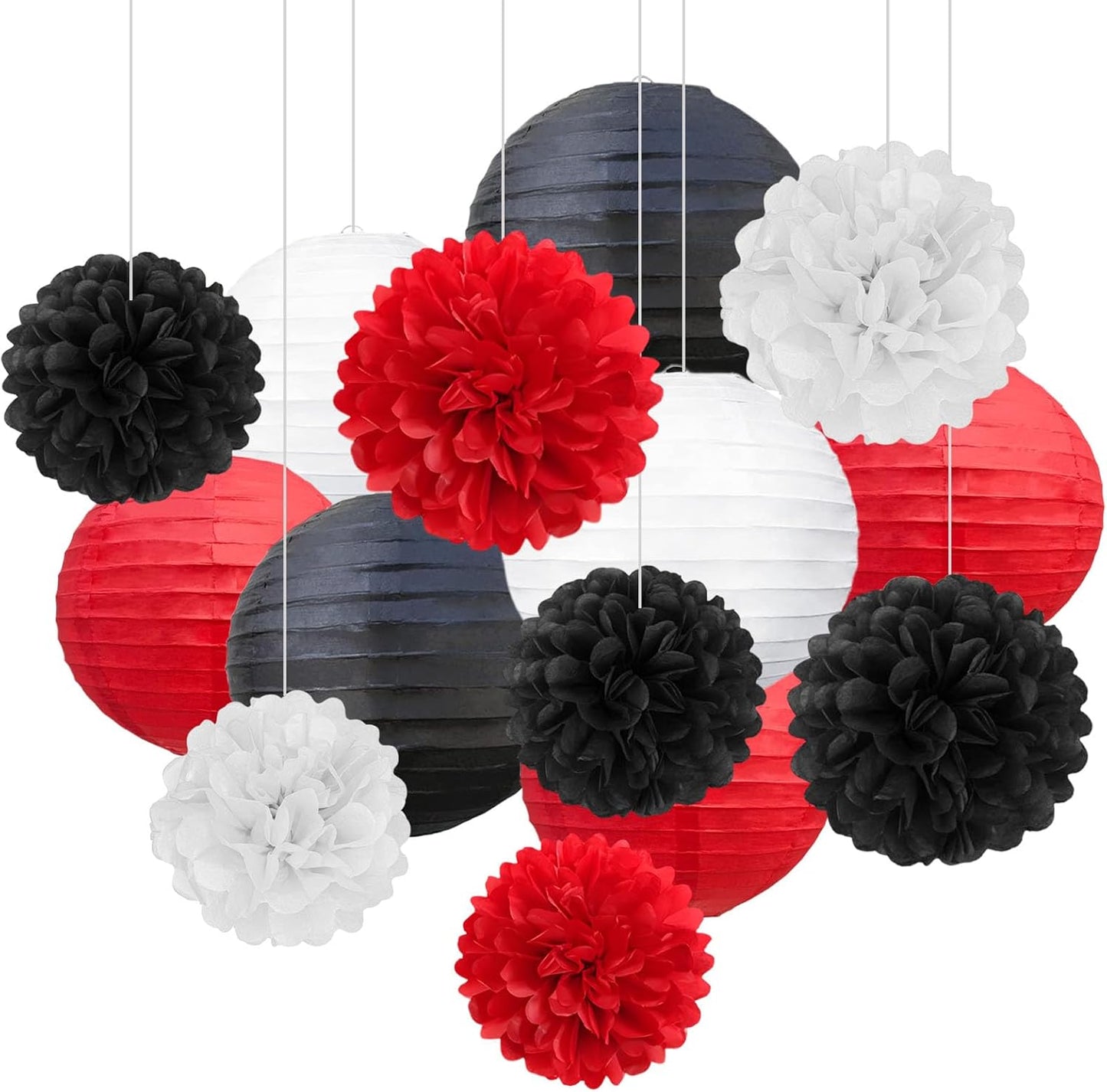18 PCS Tissue Paper Pom Poms, Tissue Pom Poms Flowers, Sizes of 6", 10", 12", 14" Hanging Paper Flower Ball for Wedding, Birthday, Halloween, Christmas, Baby Shower Party Decor (Red Black Gold)