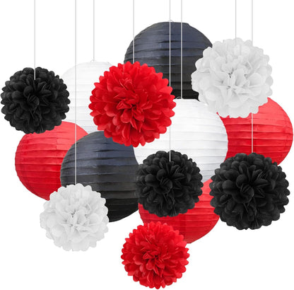 18 PCS Tissue Paper Pom Poms, Tissue Pom Poms Flowers, Sizes of 6", 10", 12", 14" Hanging Paper Flower Ball for Wedding, Birthday, Halloween, Christmas, Baby Shower Party Decor (Red Black Gold)