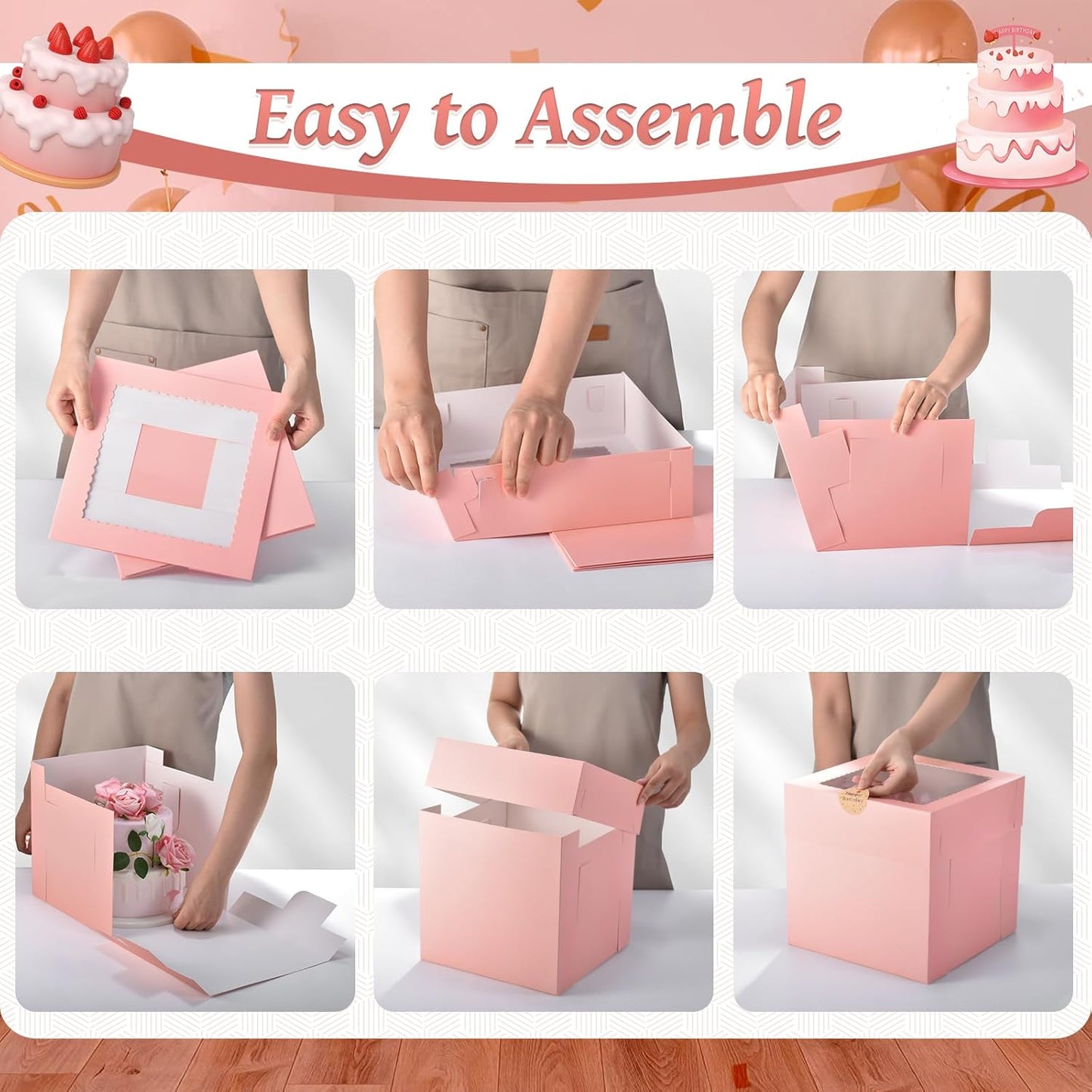 12Pcs 8x8x8 Inches Cake Boxes, Pink Square Bakery Boxes with Window, Disposable Cake Carrier Container for Pastries, Pie, Cookies, Chocolates, Cupcakes, Birthday Party, Wedding