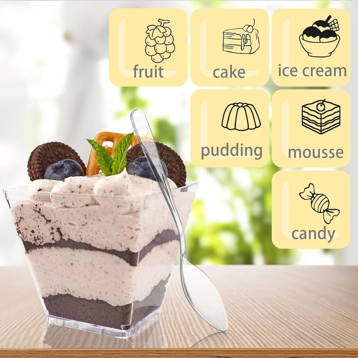50 Pack 3.5 oz Square Dessert Cups with Spoons, Mini Plastic Parfait Appetizer Cups, Clear Reusable Small Shooter Cups, Serving Bowls for Tasting Party Samples Dessert Shot Glasses