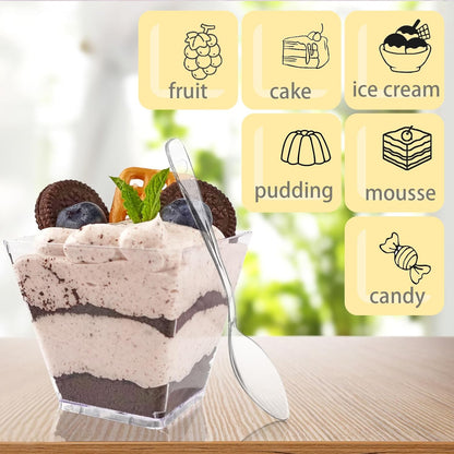 50 Pack 3.5 oz Square Dessert Cups with Spoons, Mini Plastic Parfait Appetizer Cups, Clear Reusable Small Shooter Cups, Serving Bowls for Tasting Party Samples Dessert Shot Glasses