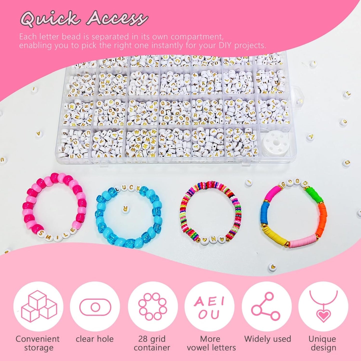 Amaney 1400pcs Glow Letter Beads, Heart Beads Whit Elastic Beading Cord,4x7mm Round Acrylic Alphabet Beads for Friend Bracelet Jewelry Making