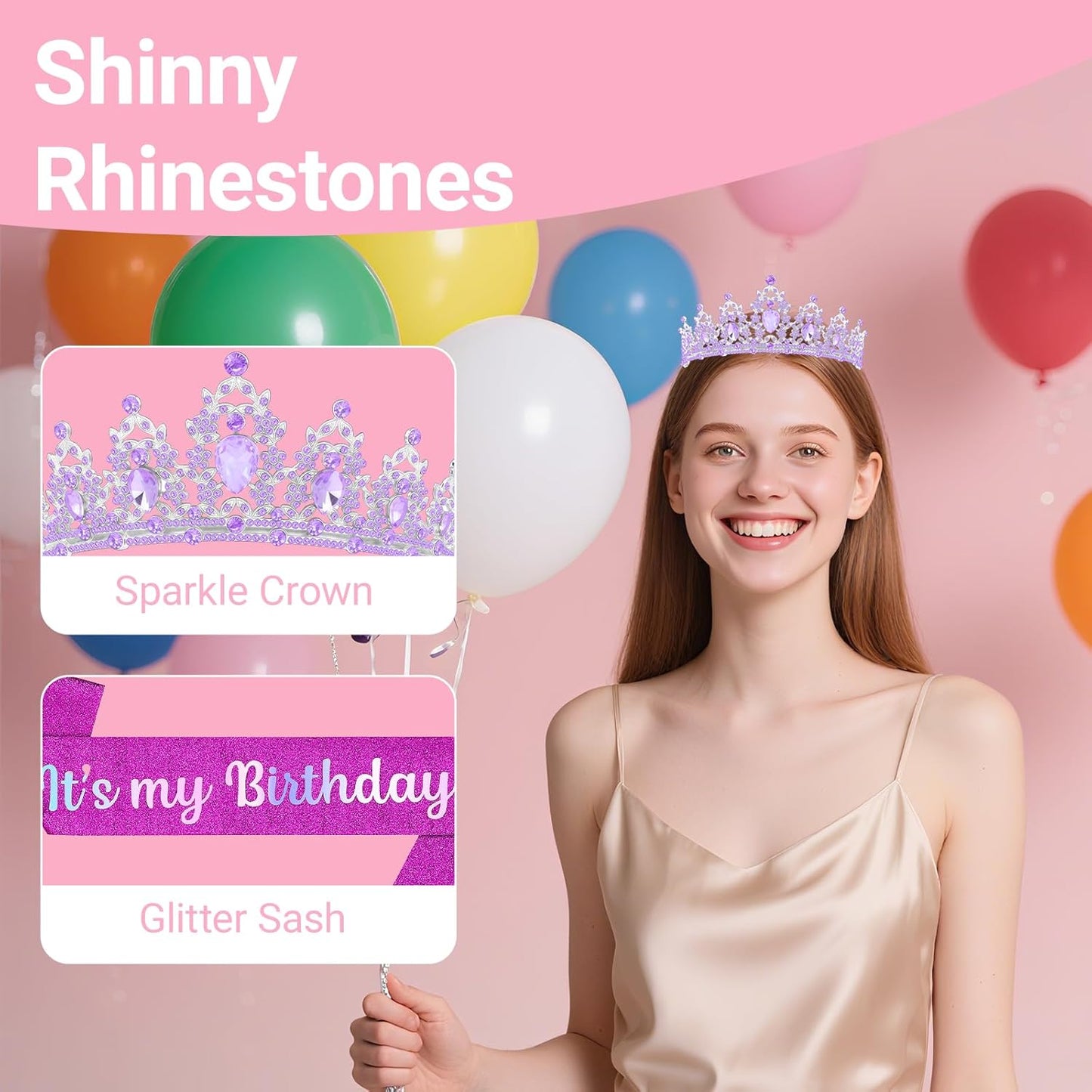 Birthday Tiara and Crown with Sash, Birthday Tiara for Women Party Silver