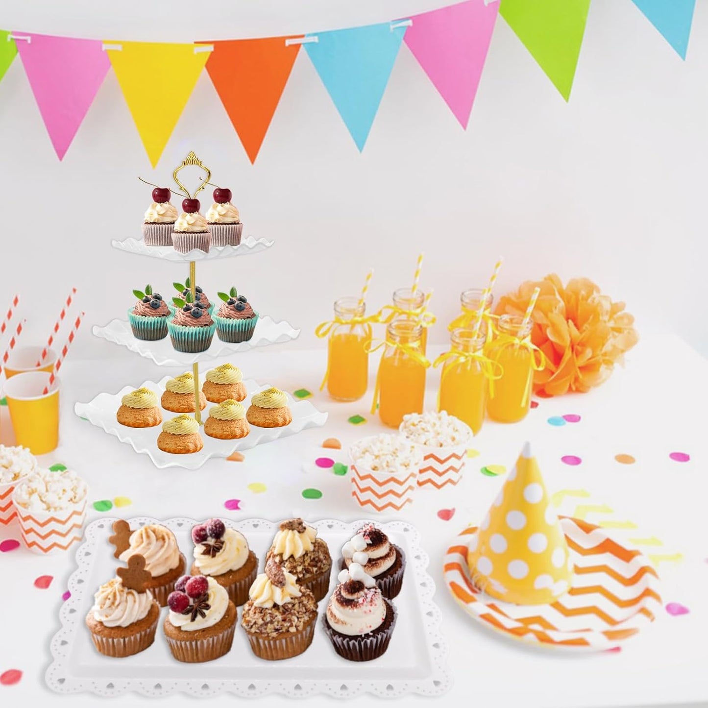 5 Pcs Dessert Table Display Set, White Plastic 2 Pcs Round 3 Tier Cupcake Stand Cup Cake Tower Stand with Metal Rod & 3 Pcs Serving Tray for Baby Shower, Tea Party, Wedding, Birthday Party
