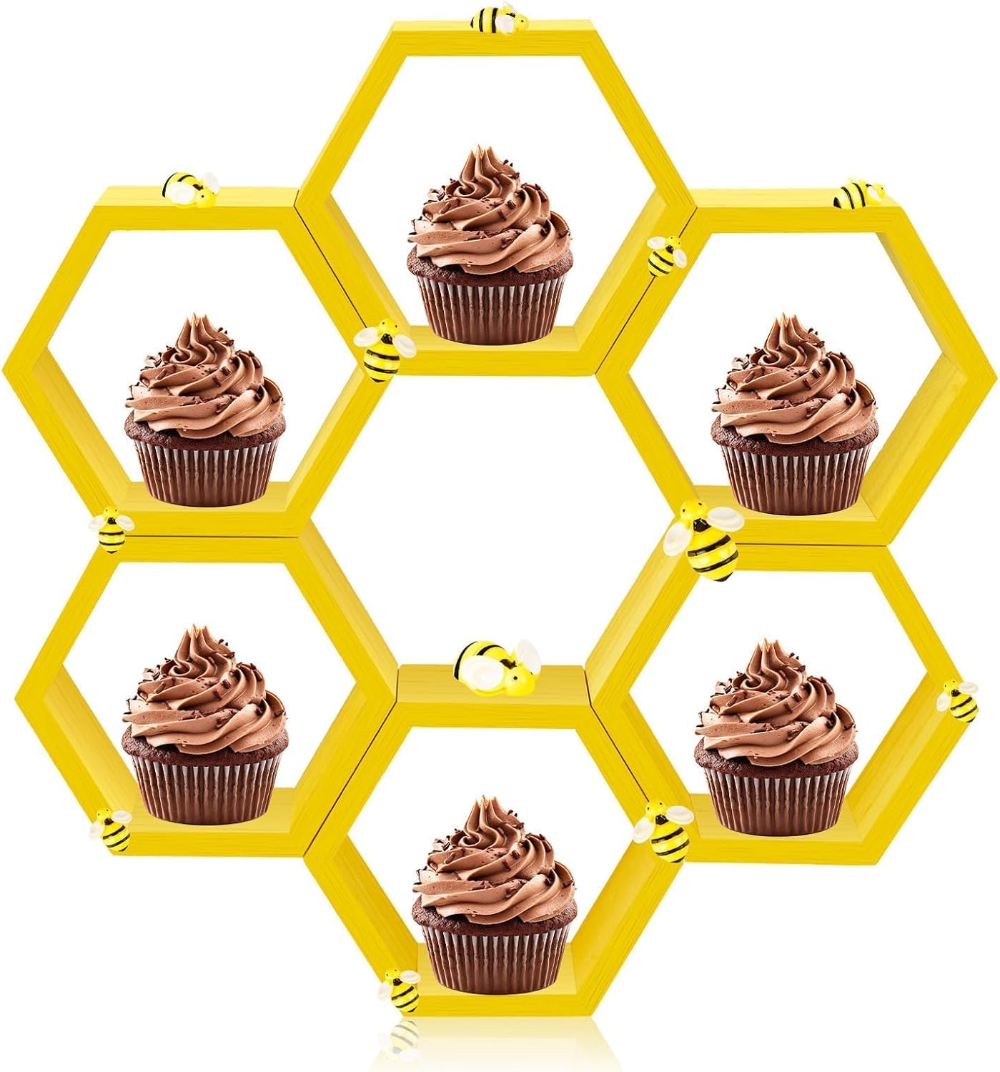 8 Pcs 4.13 Inch Honeycomb Cupcake Stand Cake Farmhouse Hexagon Display Holder Hexagonal Wood Cupcake Stand Floating Table Sign with Wooden Bee for Wedding Baby Shower Birthday Party Table Decorations
